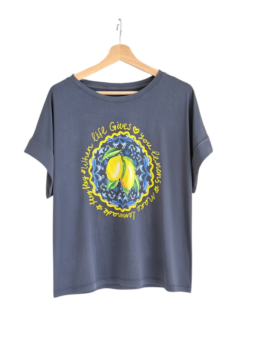 GRINE dark grey cotton t-shirt with short sleeves and a relaxed fit, featuring a yellow graphic of lemons and the phrase "life Gives you Lemons Make Lemonade".