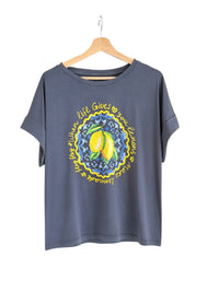 GRINE dark grey cotton t-shirt with short sleeves and a relaxed fit, featuring a yellow graphic of lemons and the phrase "life Gives you Lemons Make Lemonade".