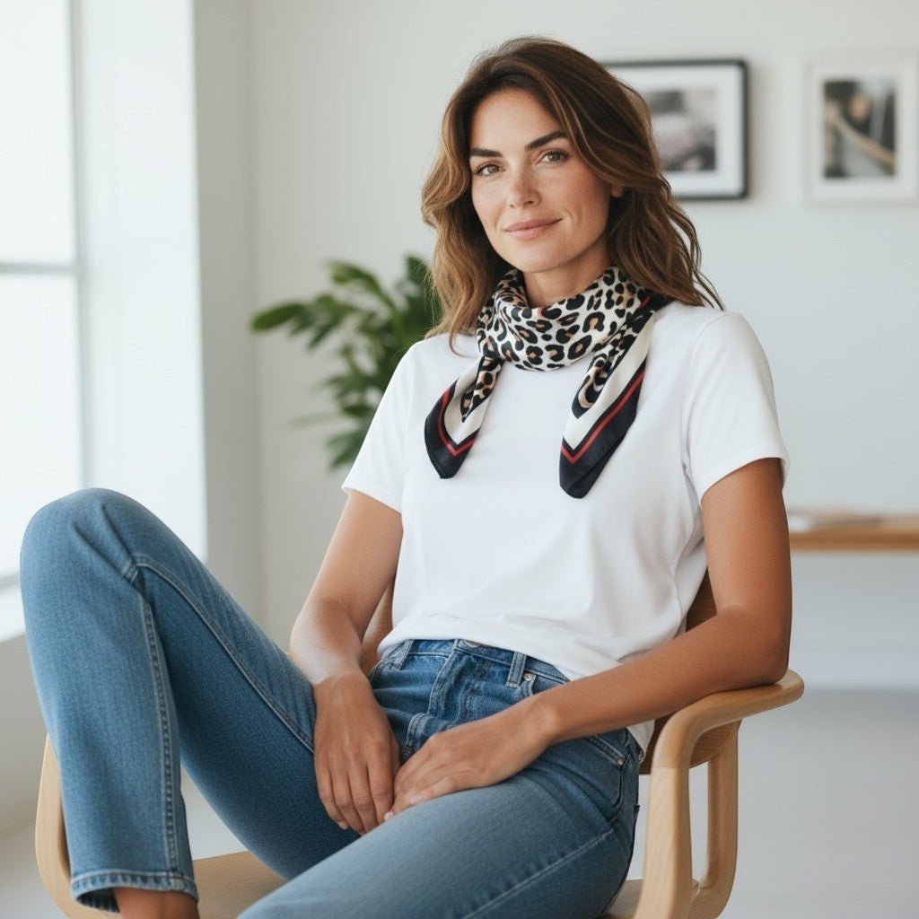 Mulher a usar lenço quadrado acetinado GRINE com padrão animal print em tons de preto e bege ao pescoço