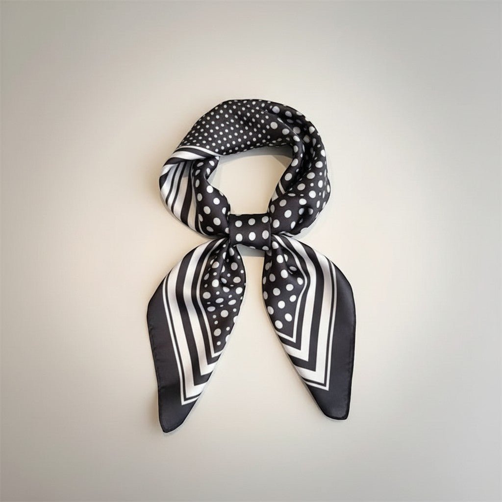 Lenço GRINE quadrado acetinado preto com padrão de bolas brancas e detalhes geométricos em estilo clássico
