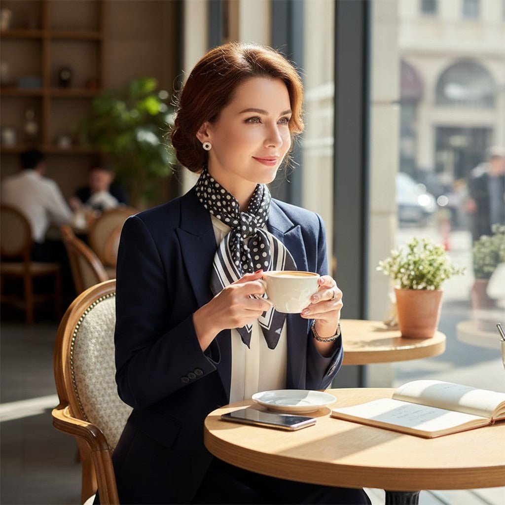 Mulher elegante com lenço GRINE acetinado preto com padrão de bolas atado ao pescoço num café