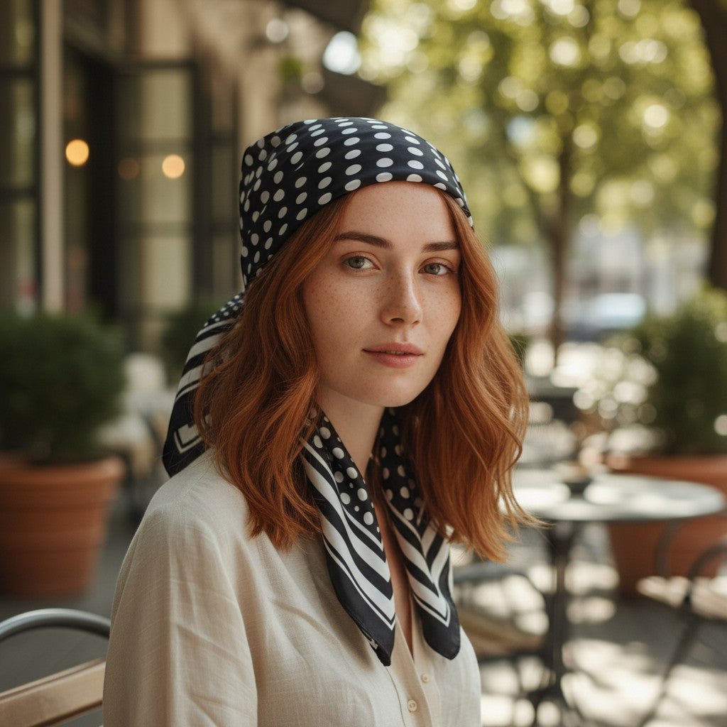 Mulher ruiva usa lenço quadrado GRINE acetinado preto com padrão de bolas brancas amarrado na cabeça ao ar livre