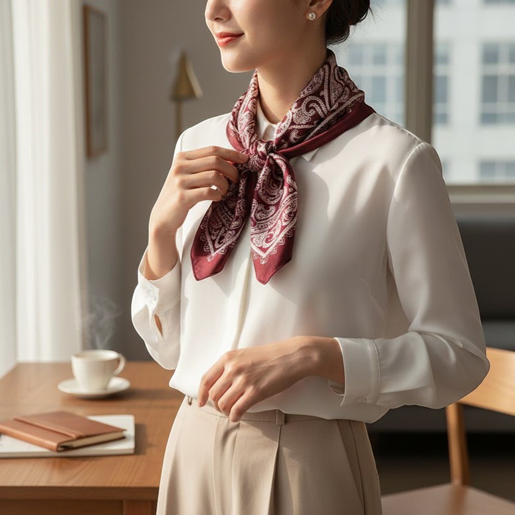 Mulher usa lenço quadrado acetinado GRINE na cor bordeaux com padrão paisley atado ao pescoço sobre camisa branca