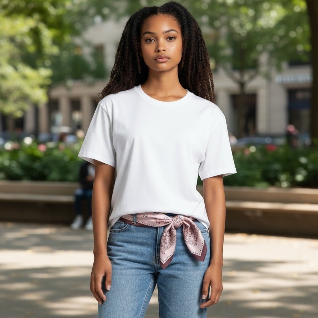 Modelo usa lenço quadrado acetinado GRINE em rosa velho amarrado na cintura sobre calças de ganga e t-shirt branca