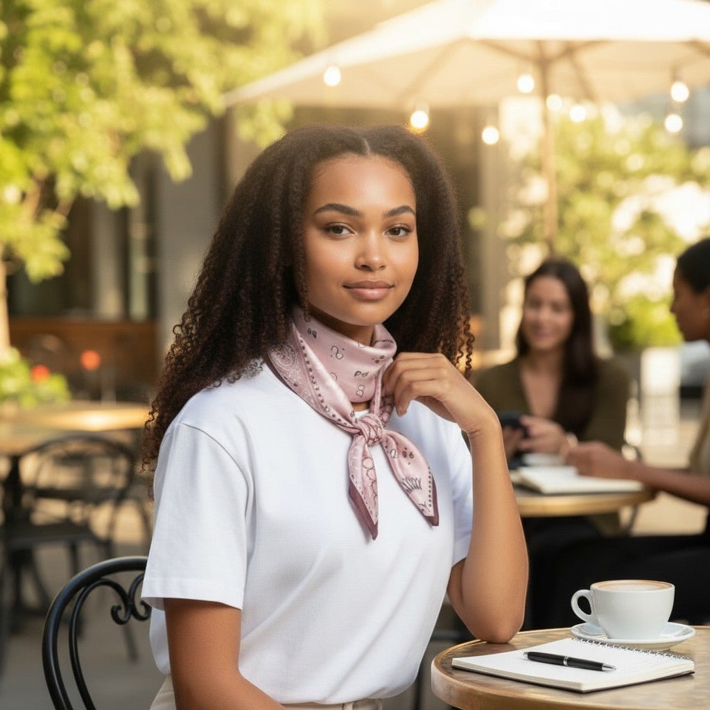 Modelo usa lenço quadrado acetinado GRINE rosa velho com estampa delicada amarrado no pescoço em ambiente de café
