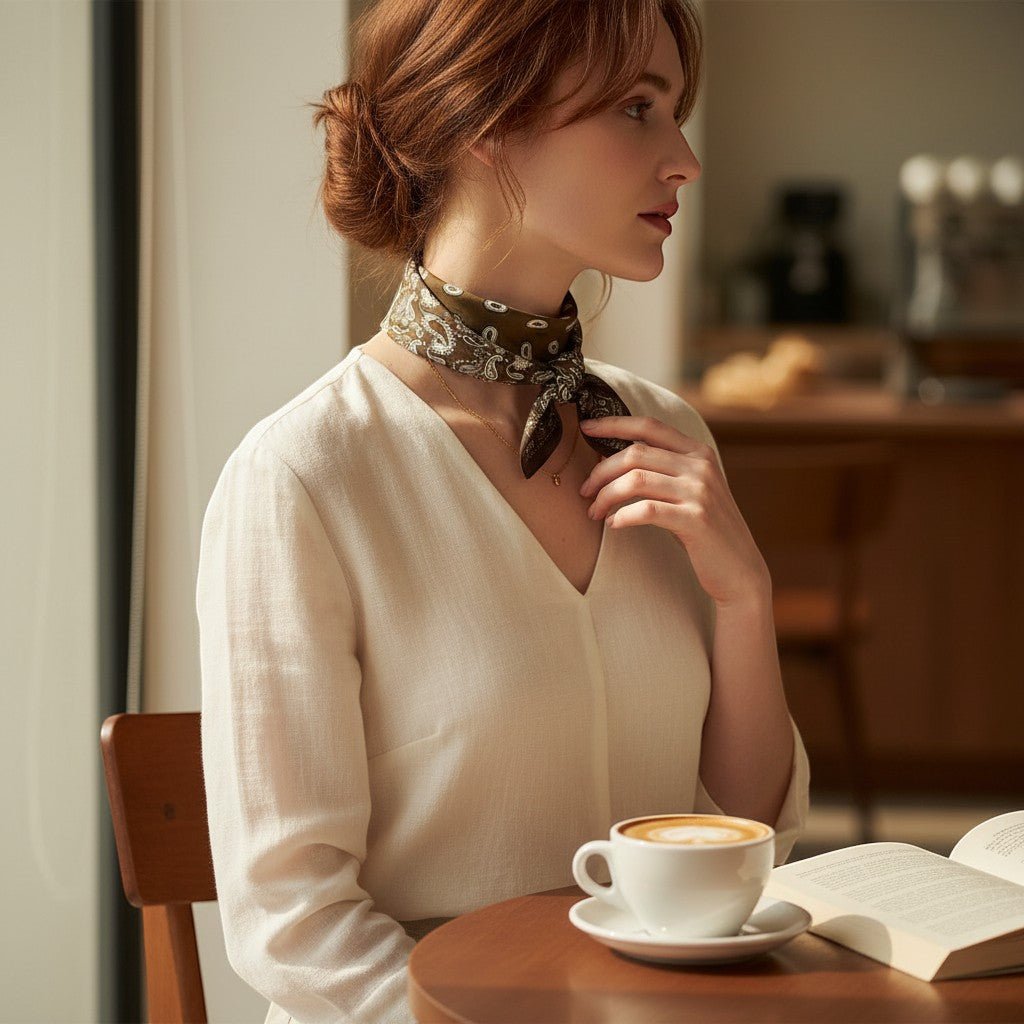 Mulher usa lenço quadrado acetinado verde oliva GRINE com padrão paisley amarrado no pescoço em ambiente de café.