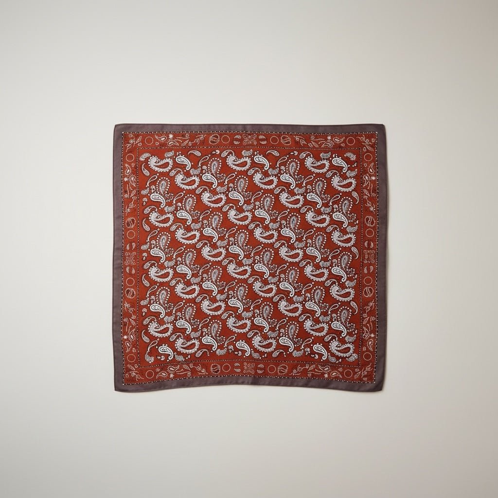 Lenço quadrado GRINE acetinado na cor tijolo com padrão paisley branco e borda castanha escura