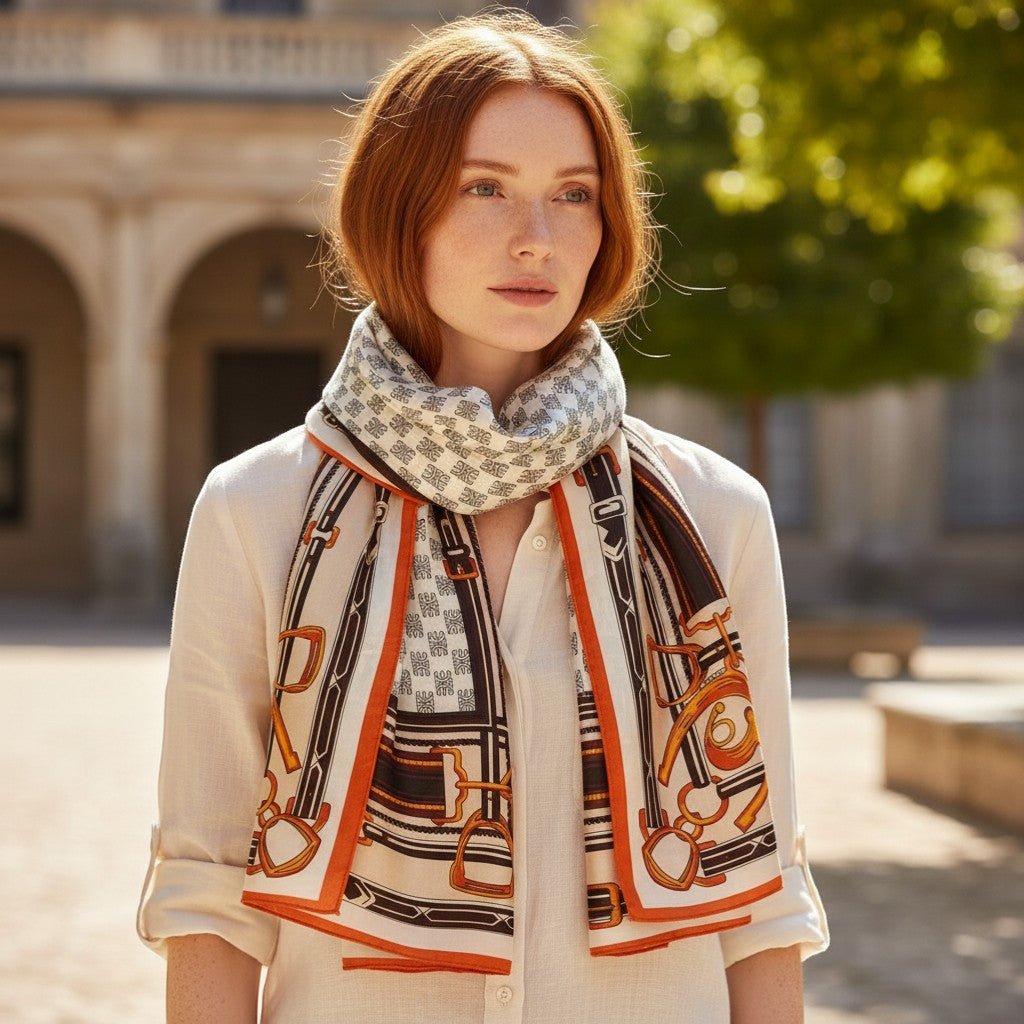Lenço de Verão GRINE bege com padrão geométrico e detalhes equestres, usado por mulher em ambiente exterior.