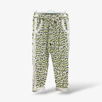 GRINE leopard print jogger pants with lime green and grey pattern, elastic waist, and side stripes.