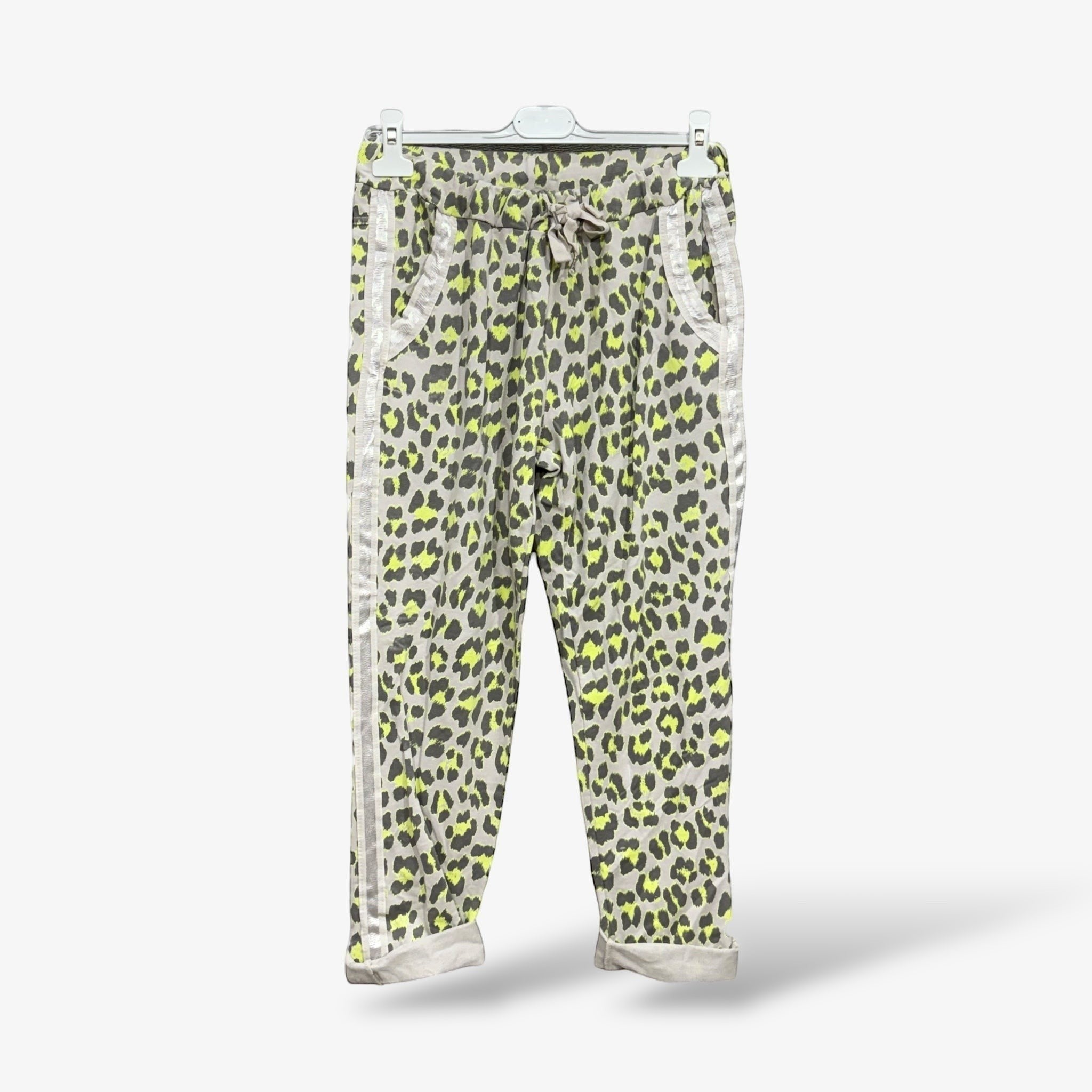GRINE leopard print jogger pants with lime green and grey pattern, elastic waist, and side stripes.