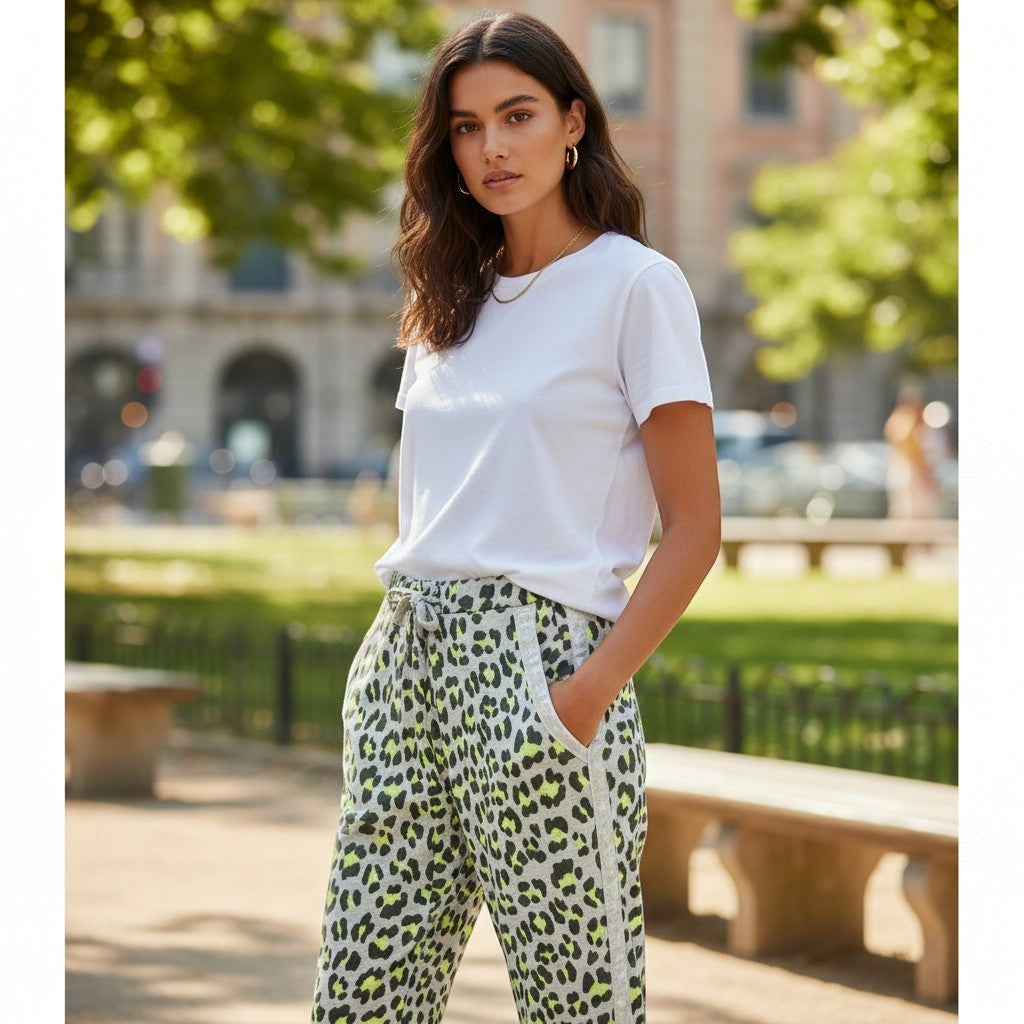 GRINE leopard print jogger pants with elastic waist and drawstring, featuring neon yellow and grey pattern.