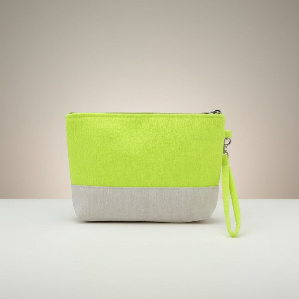 GRINE lime green and grey canvas beach necessaire with removable wrist strap