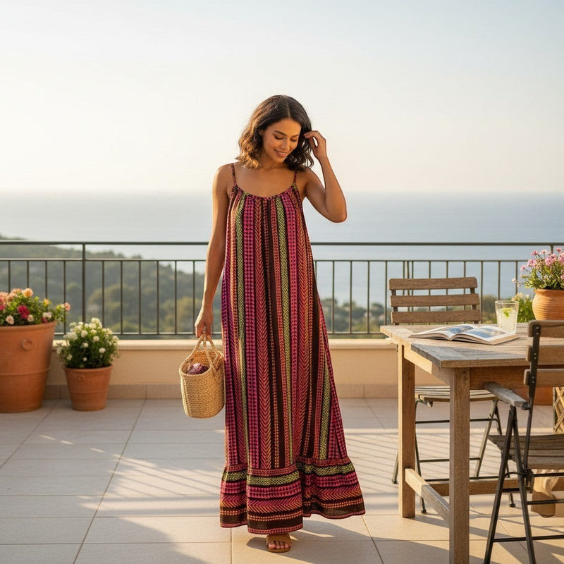 GRINE Anita long flowing cotton dress with multicolor ethnic pattern, pink, orange, green, and brown. Features thin straps and a ruffled hem.