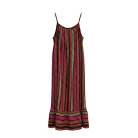 GRINE Anita long flowing cotton dress with ethnic multicolor pattern, pink, orange, brown, and green. Features thin straps and a ruffled hem.