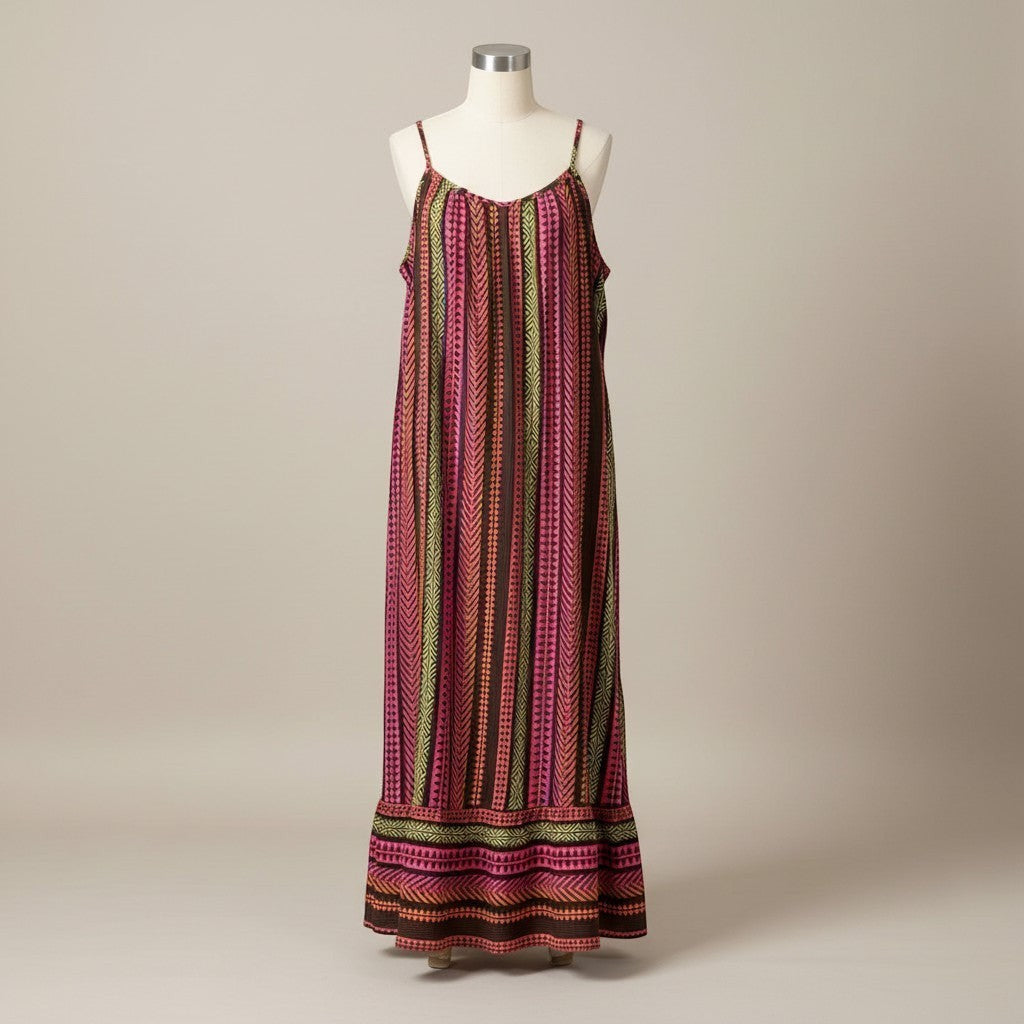 GRINE Anita long flowing cotton dress with multicolor ethnic pattern in pink, orange, and green with ruffled hem.