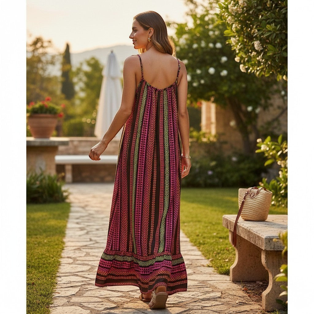 GRINE Anita long flowing cotton dress with multicolor ethnic pattern, pink, orange, green, and brown, ruffled hem, thin straps.