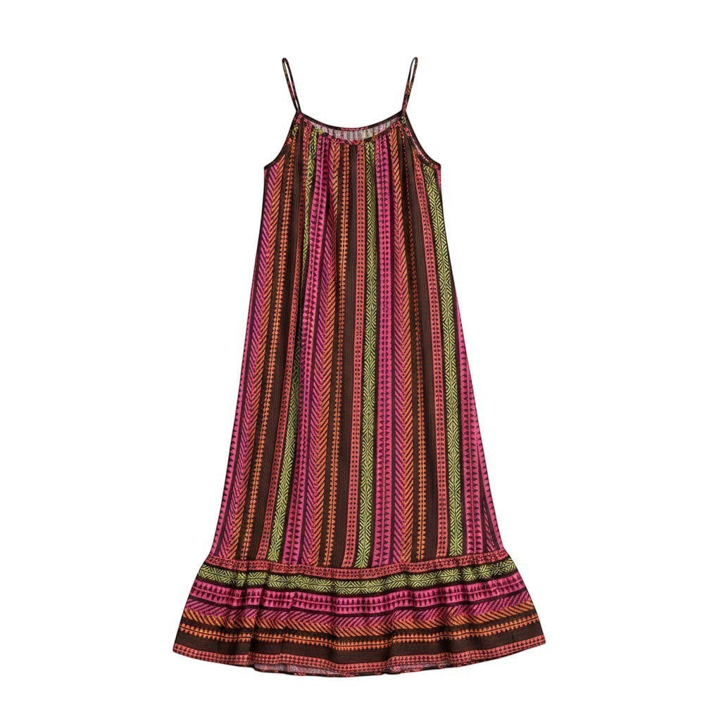 GRINE Anita long flowing cotton dress with multicolor ethnic pattern, pink, orange, green, and brown. Features thin straps and ruffled hem.