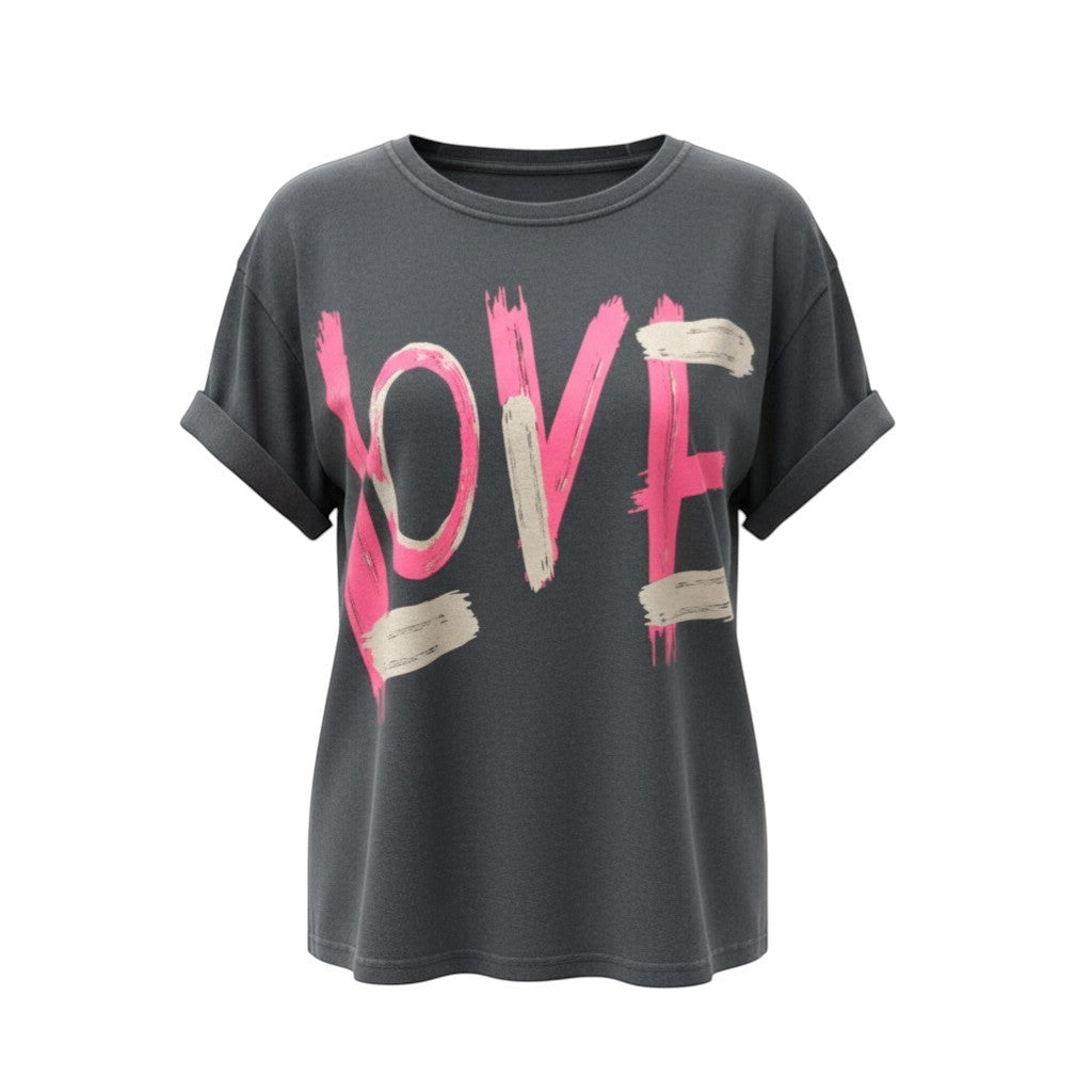 GRINE charcoal grey cotton t-shirt with pink and beige 'LOVE' graphic print and cuffed short sleeves.