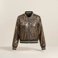 GRINE metallic leopard print bomber jacket with elasticated cuffs and hem. Black and gold stripes on trim.