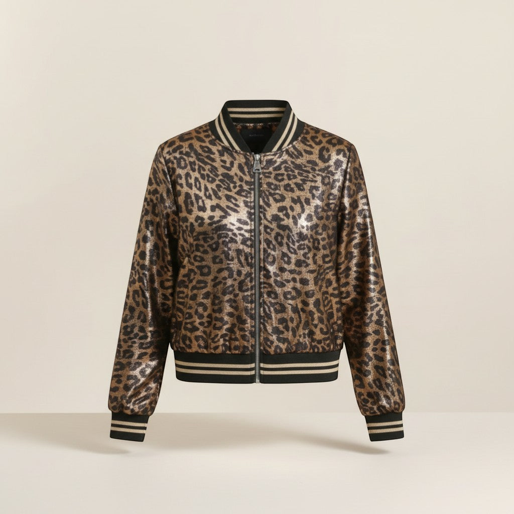 GRINE metallic leopard print bomber jacket with elasticated cuffs and hem. Black and gold stripes on trim.