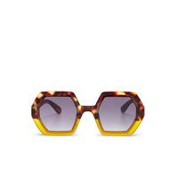 Óculos de sol GRINE OKKIA EMMA com armação geométrica em acetato Havana Yellow e lentes pretas polarizadas.