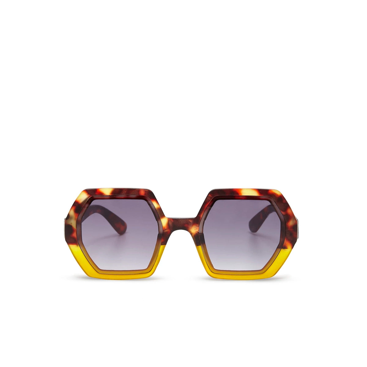 Óculos de sol GRINE OKKIA EMMA com armação geométrica em acetato Havana Yellow e lentes pretas polarizadas.