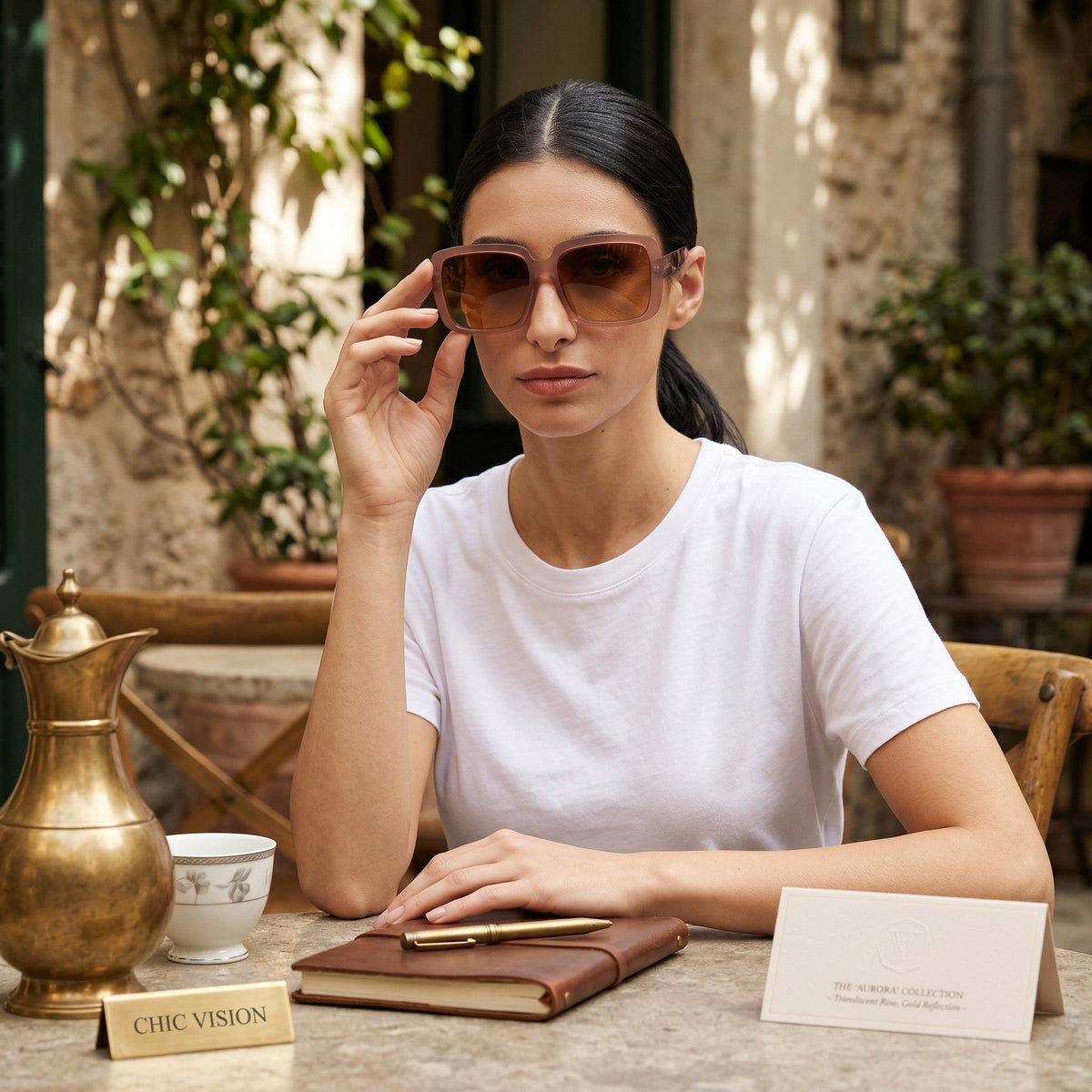 Mulher usa óculos de sol GRINE OKKIA ALESSIA com armação Pink Havana e lentes castanhas degradé em ambiente exterior.