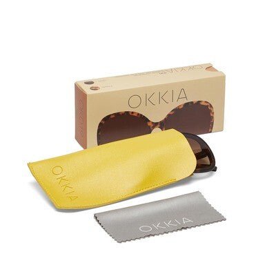Óculos de sol GRINE OKKIA ANNA Classic Havana com bolsa amarela, pano de limpeza e caixa original