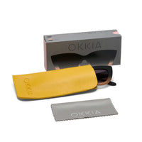 Óculos de sol GRINE OKKIA Claudia estilo Big Cat Eye em preto e rosa com caixa, bolsa amarela e pano de limpeza