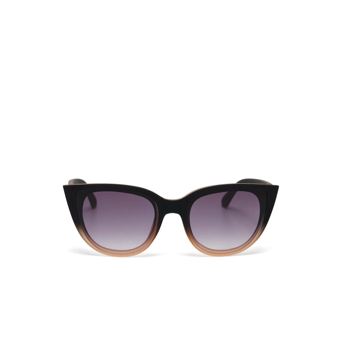 Óculos de sol GRINE OKKIA CLAUDIA estilo Big Cat Eye com armação preta e detalhes em rosa e lentes degradê.