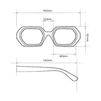 Esquema técnico com medidas das dimensões da armação dos óculos de sol OKKIA ANDREA Classic Havana da GRINE