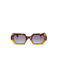 Óculos de sol OKKIA ANDREA da GRINE com armação geométrica em acetato castanho e amarelo e lentes degradé polarizadas.