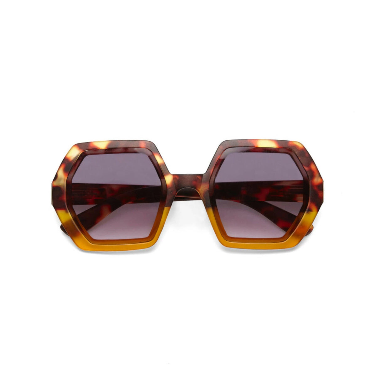 Óculos de sol GRINE OKKIA EMMA com armação geométrica em acetato Havana Yellow e lentes pretas polarizadas.