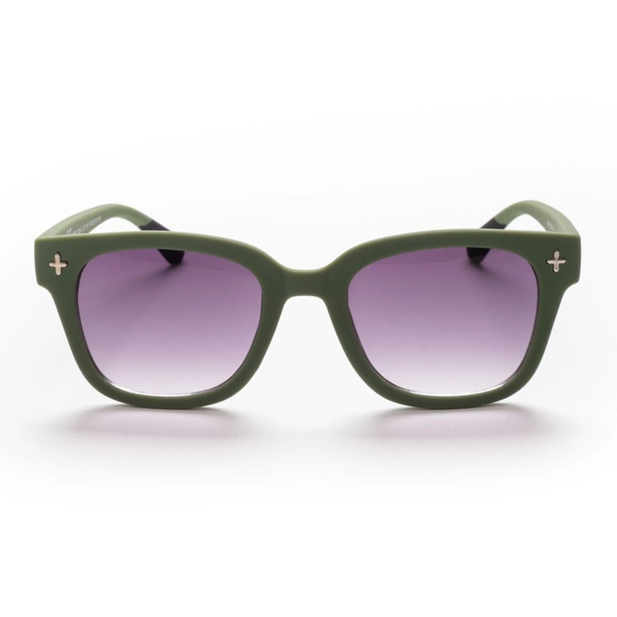 Óculos de sol GRINE OKKIA Giovanni com armação verde em acetato e lentes degradê, design contemporâneo e proteção UV400.