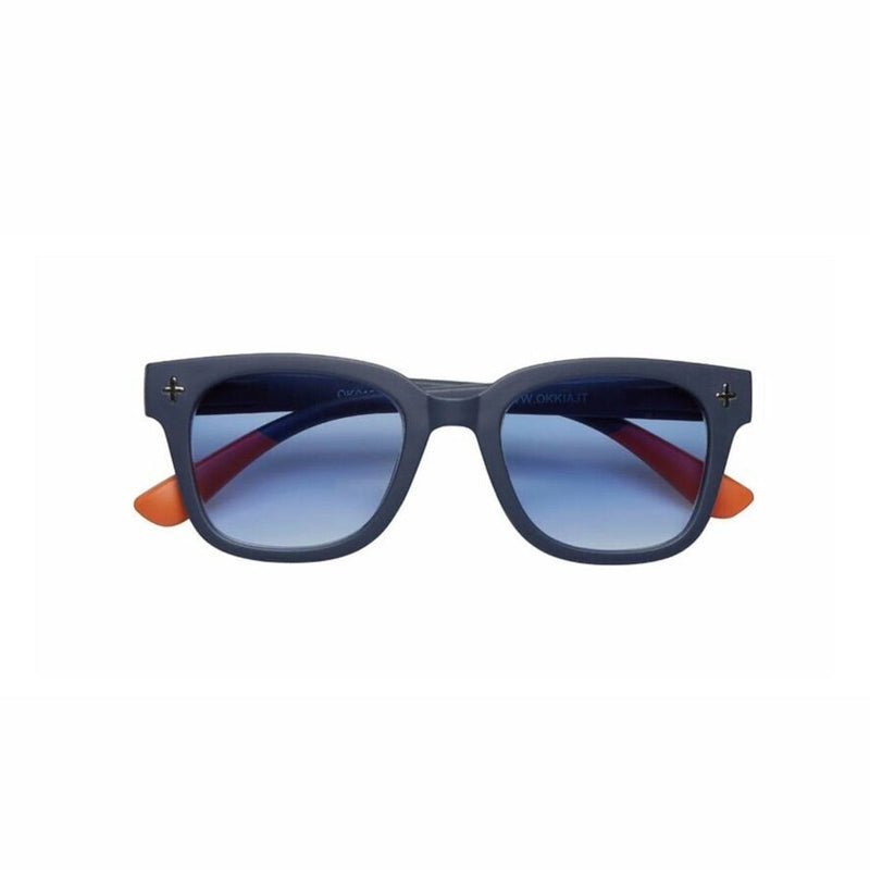 Óculos de sol GRINE OKKIA Giovanni Midnight com armação azul e laranja em acetato e lentes pretas polarizadas.