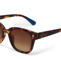Óculos de sol GRINE OKKIA Giovanni com armação tartaruga e azul em acetato e lentes castanhas polarizadas.