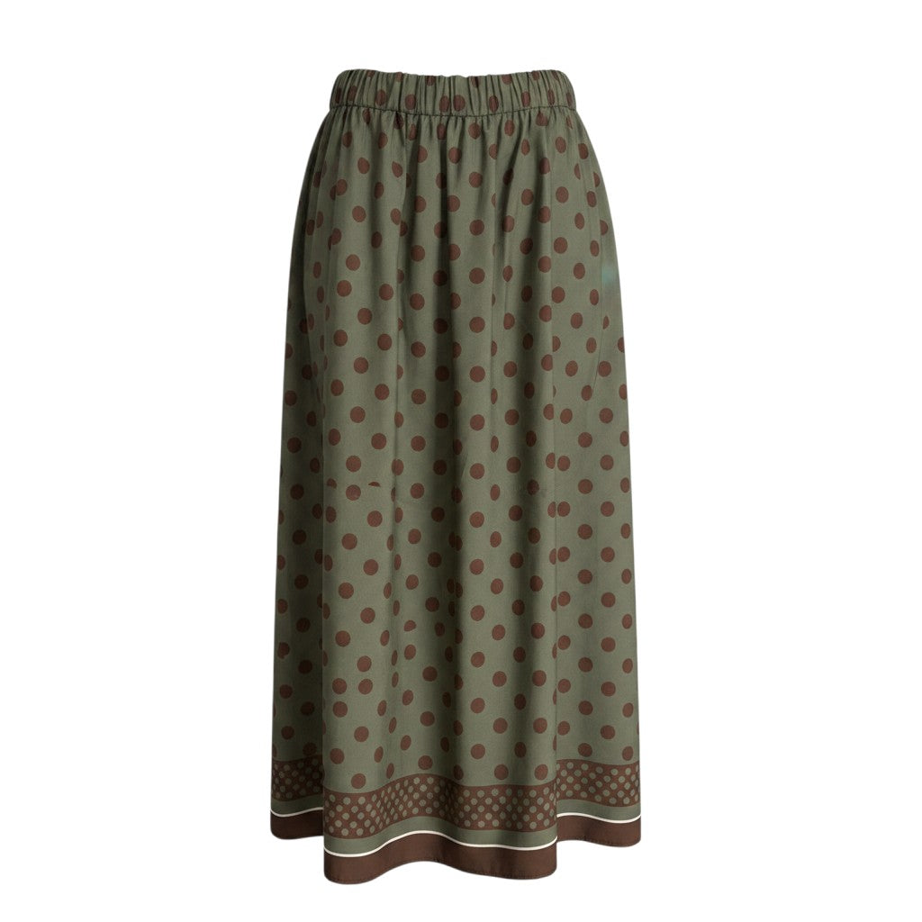 GRINE olive green midi skirt with brown polka dots and a decorative border at the hem. Elasticated waistband for comfort.