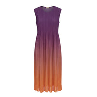GRINE purple to orange ombre pleated maxi dress, sleeveless with a flowy silhouette.