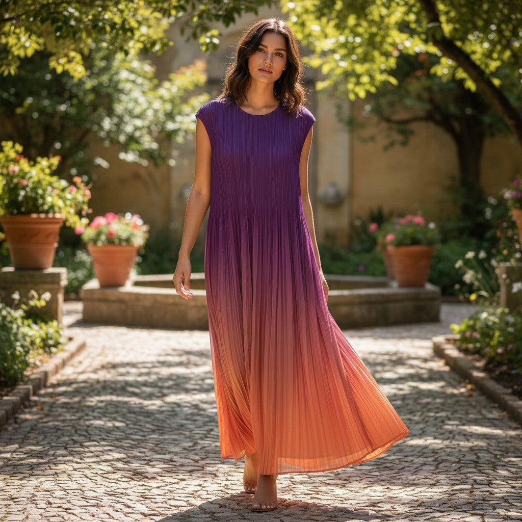 GRINE purple to orange ombre pleated maxi dress, sleeveless with a fluid cut.