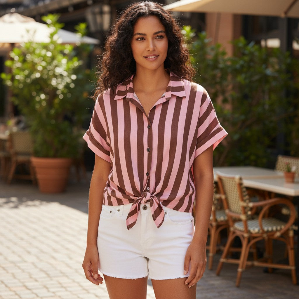 GRINE pink and brown striped cotton short-sleeve shirt with a knotted front and button-up closure.