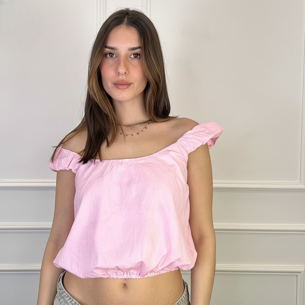 GRINE pink cotton off-the-shoulder bubble top with short puff sleeves and a gathered neckline.