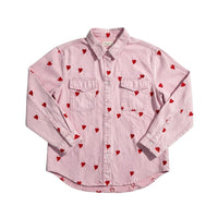 GRINE pink denim shirt jacket with red embroidered hearts, featuring two chest pockets and a button-up front.
