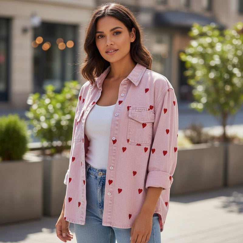 GRINE pink denim shirt jacket with red embroidered hearts, long sleeves, button-down front, and chest pockets.
