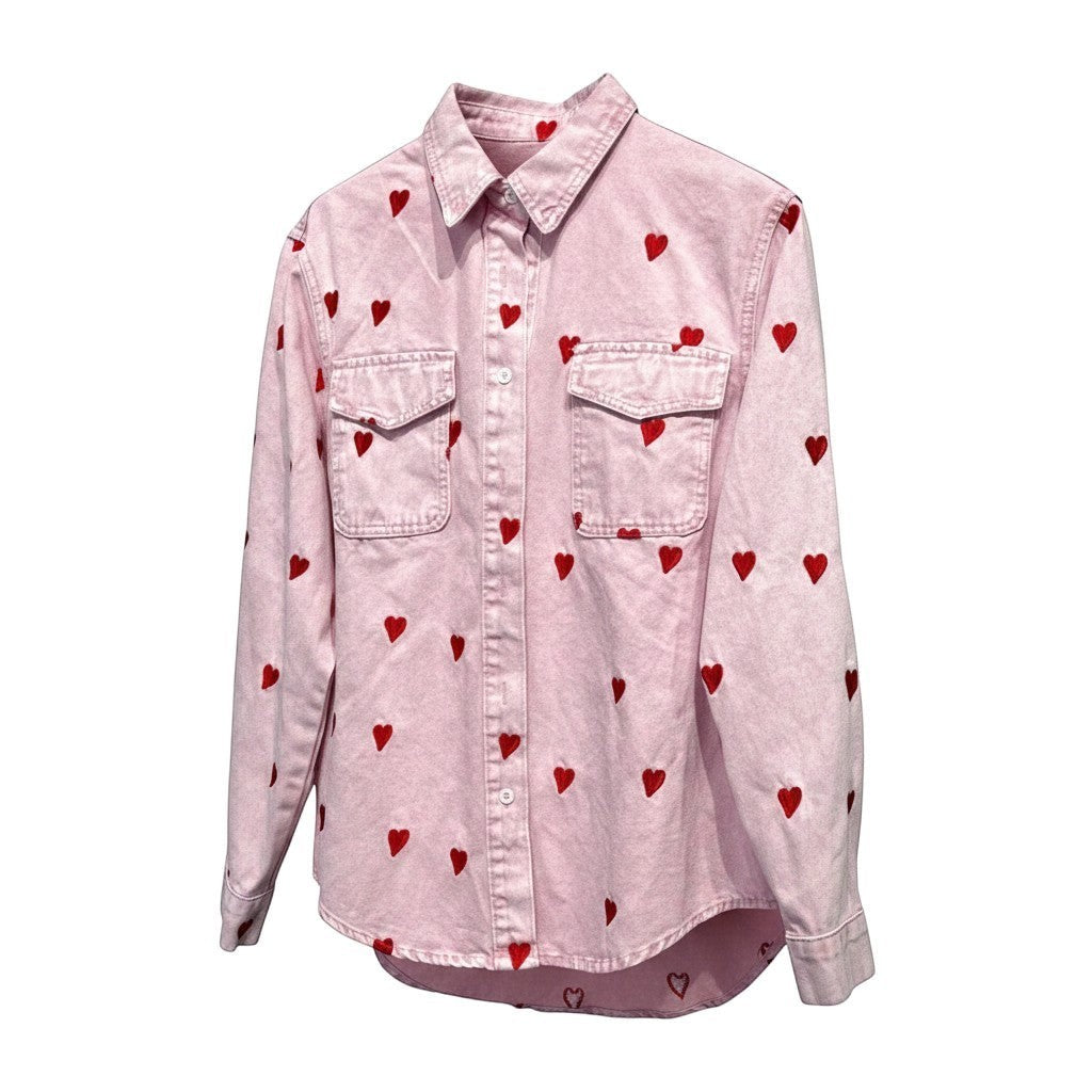 GRINE pink denim shirt jacket with red embroidered hearts, featuring two chest pockets and a button-up front.