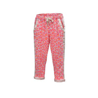 GRINE pink leopard print jogger pants with elastic waist and drawstring, made of cotton with stretch. Casual wear.