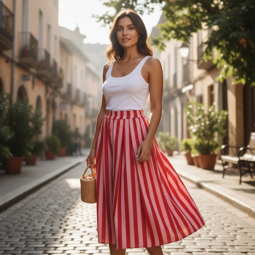 GRINE pink and red striped cotton midi skirt with pockets. Elasticated waistband and flowing A-line silhouette.