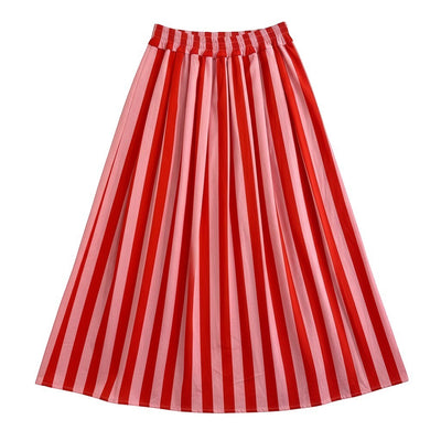 GRINE pink and red striped midi skirt with pockets, made of cotton.