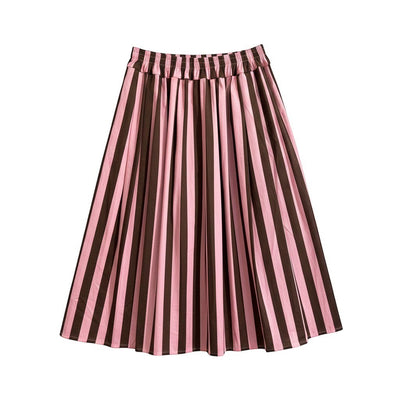 GRINE pink and brown striped midi skirt with pockets, made of cotton.