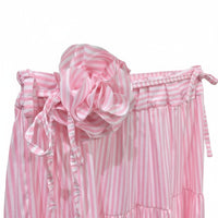 GRINE pink and white striped midi skirt with elasticated waist and decorative flower belt. Flowy fabric.