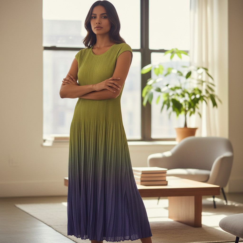 GRINE long pleated dress with a yellow to purple gradient effect and sleeveless design.